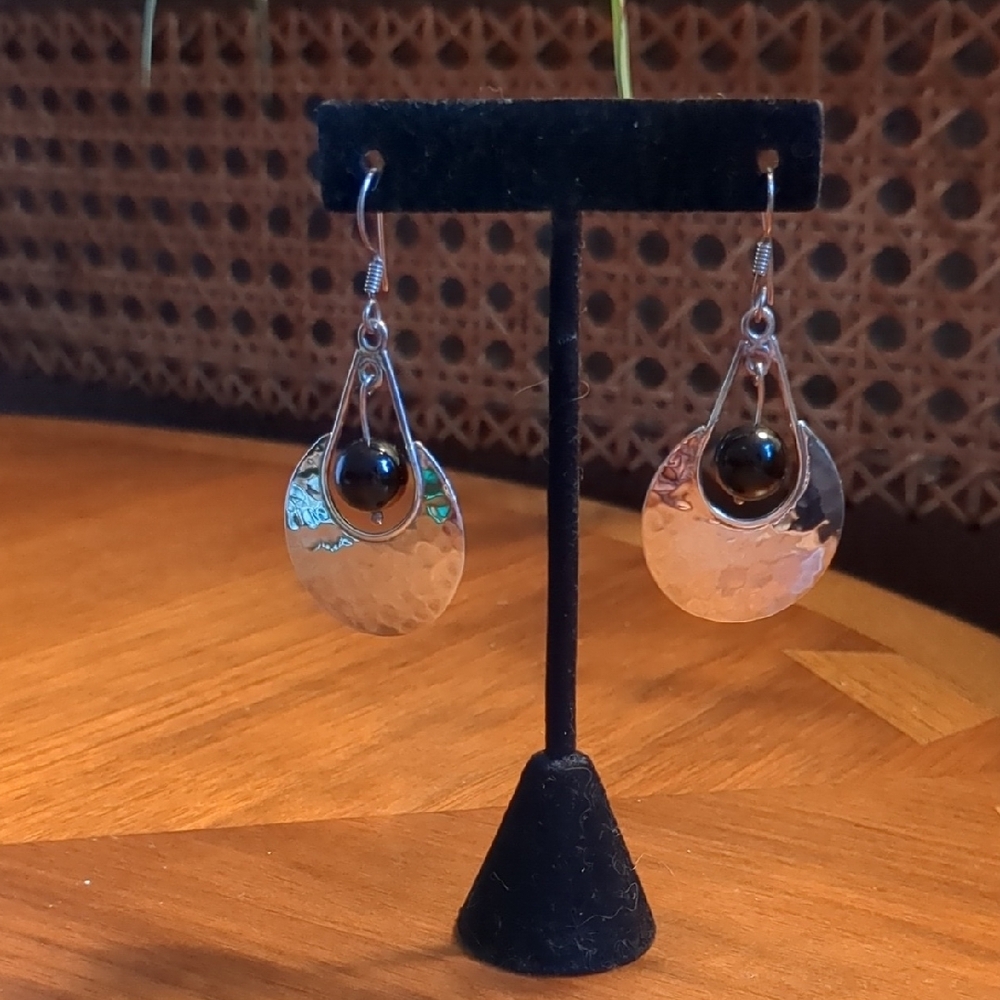 Large Silver and Black Teardrop Dangle Earrings